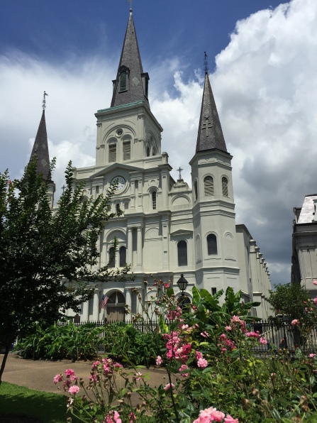 St. Louis Cathedral with gardens in the foreground.